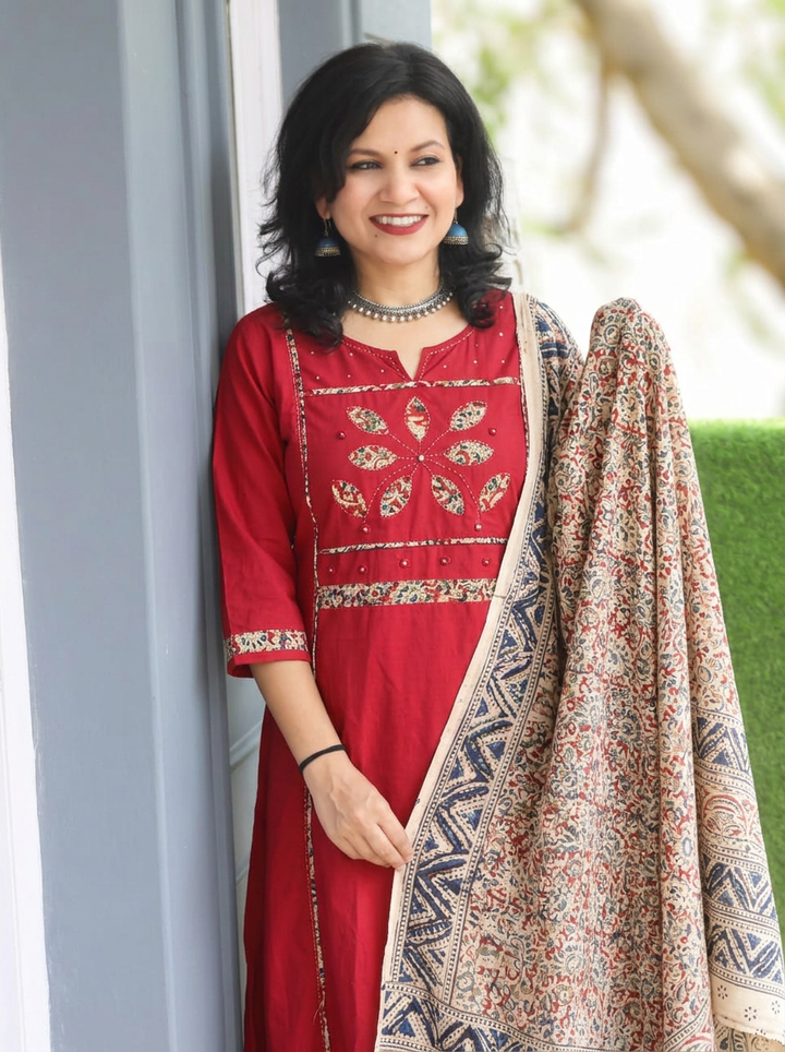 Shalini Maroon Red Applique Yoke Kalamkari 3 Piece Set