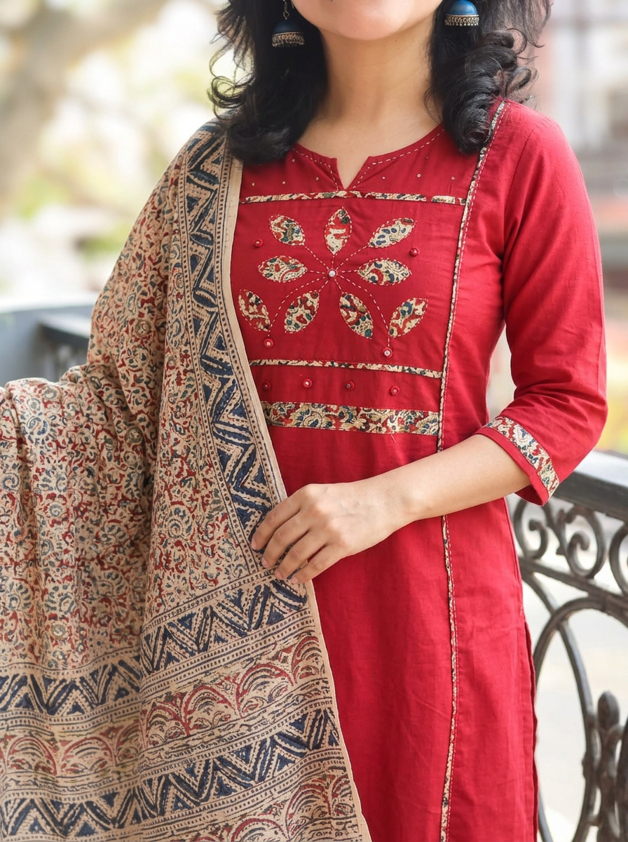 Shalini Maroon Red Applique Yoke Kalamkari 3 Piece Set