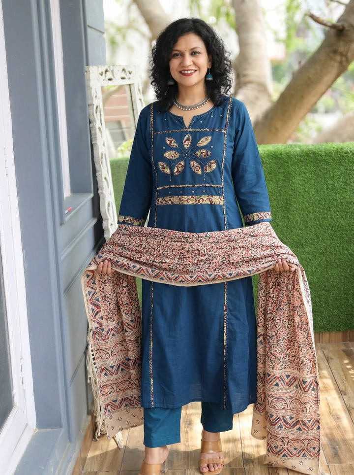 Shalini Denim Blue Applique Yoke Kalamkari 3 Piece Set