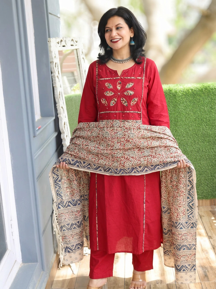 Shalini Maroon Red Applique Yoke Kalamkari 3 Piece Set