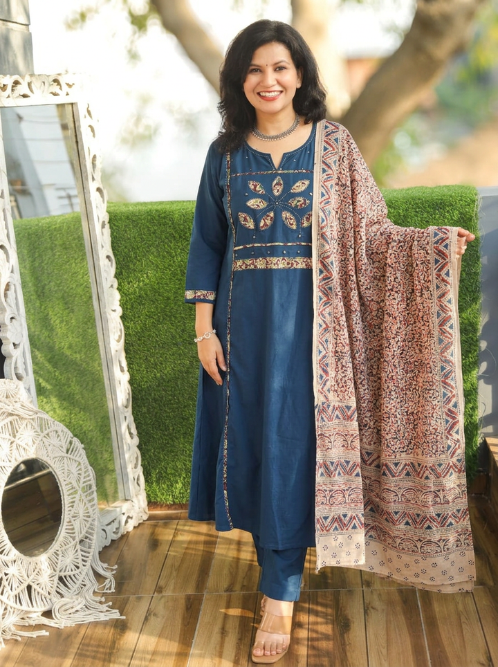 Shalini Denim Blue Applique Yoke Kalamkari 3 Piece Set