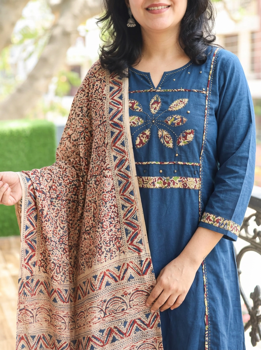 Shalini Denim Blue Applique Yoke Kalamkari 3 Piece Set