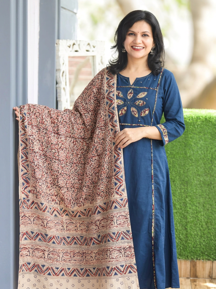 Shalini Denim Blue Applique Yoke Kalamkari 3 Piece Set