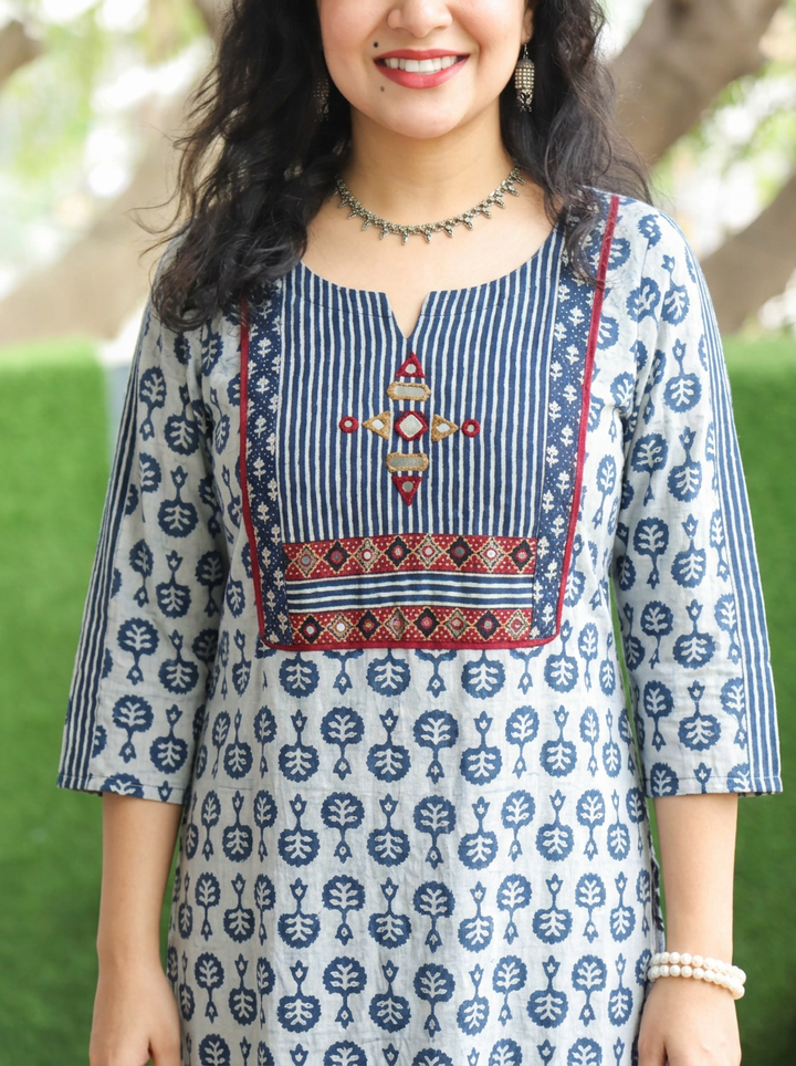 Rupa Iced Blue Bel Buti Dabu Printed Cotton Kurti