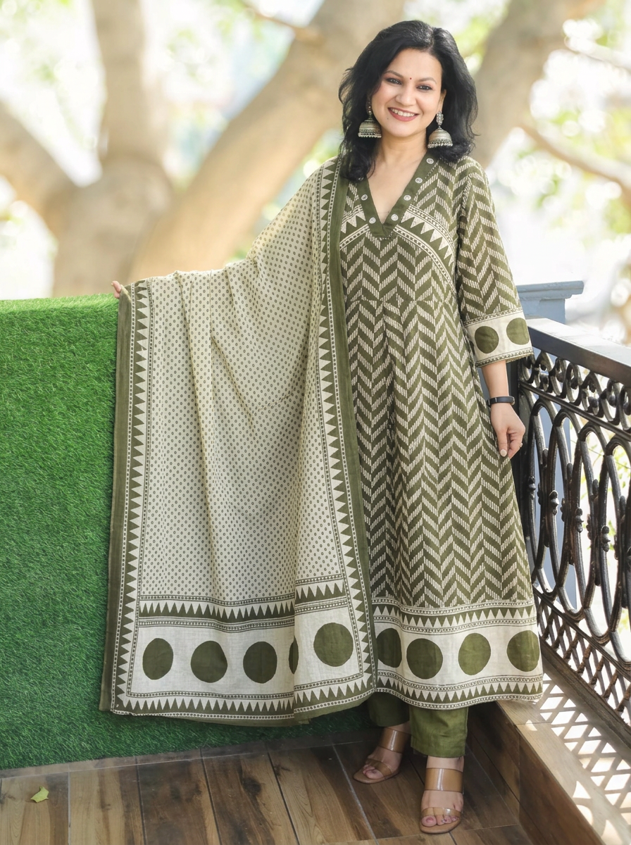 Rishika Fern Green Moti Work Anarkali Cotton 3 Piece Set