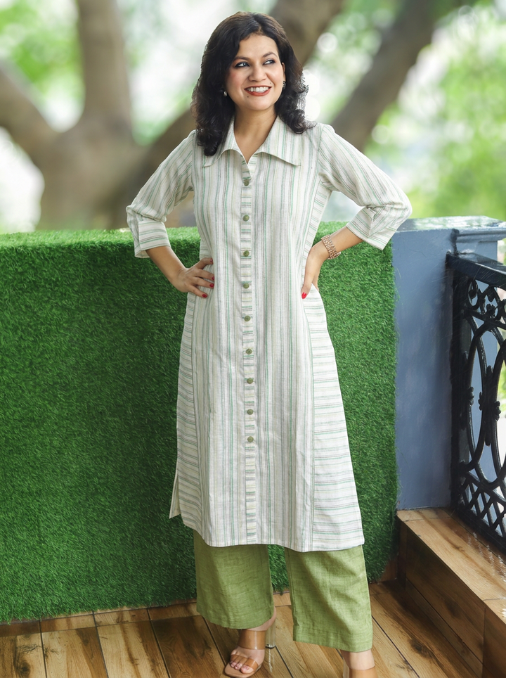 Meeravi White Green Stripe Print Cotton Co-ord Set