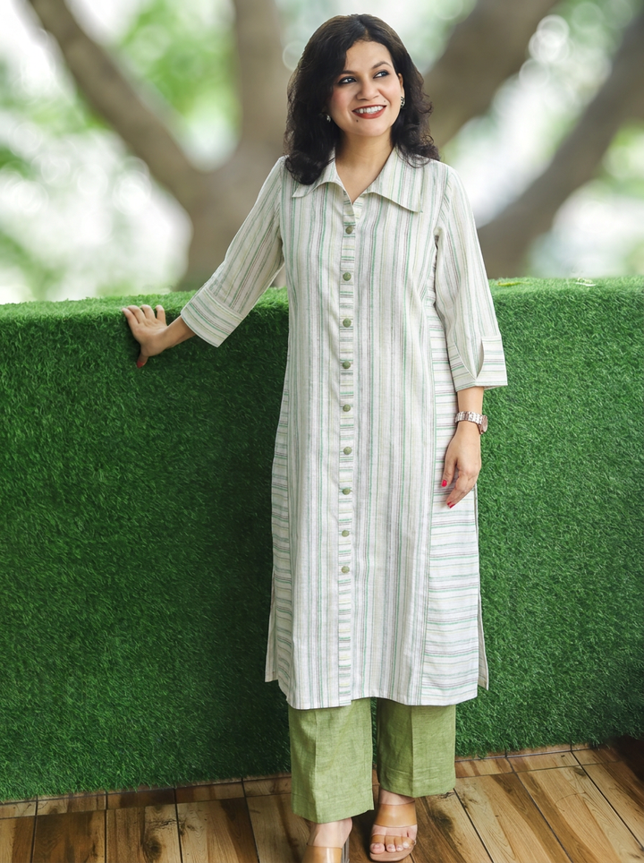 Meeravi White Green Stripe Print Cotton Co-ord Set