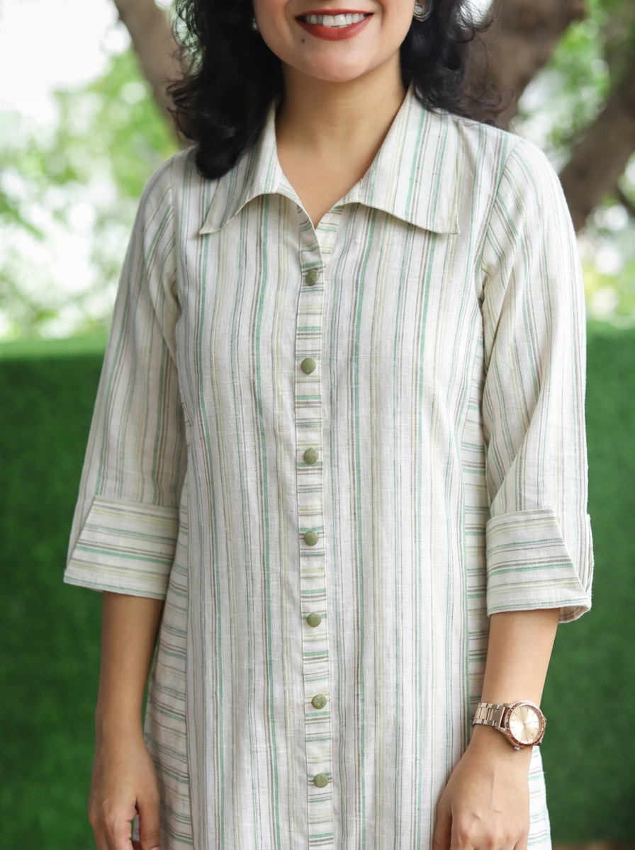 Meeravi White Green Stripe Print Cotton Co-ord Set