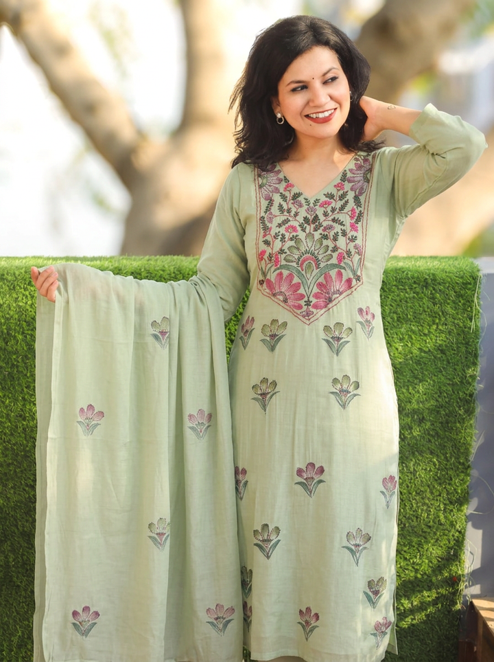 Priyadarshani Fern Green Kolkata Hand Embroidered Set