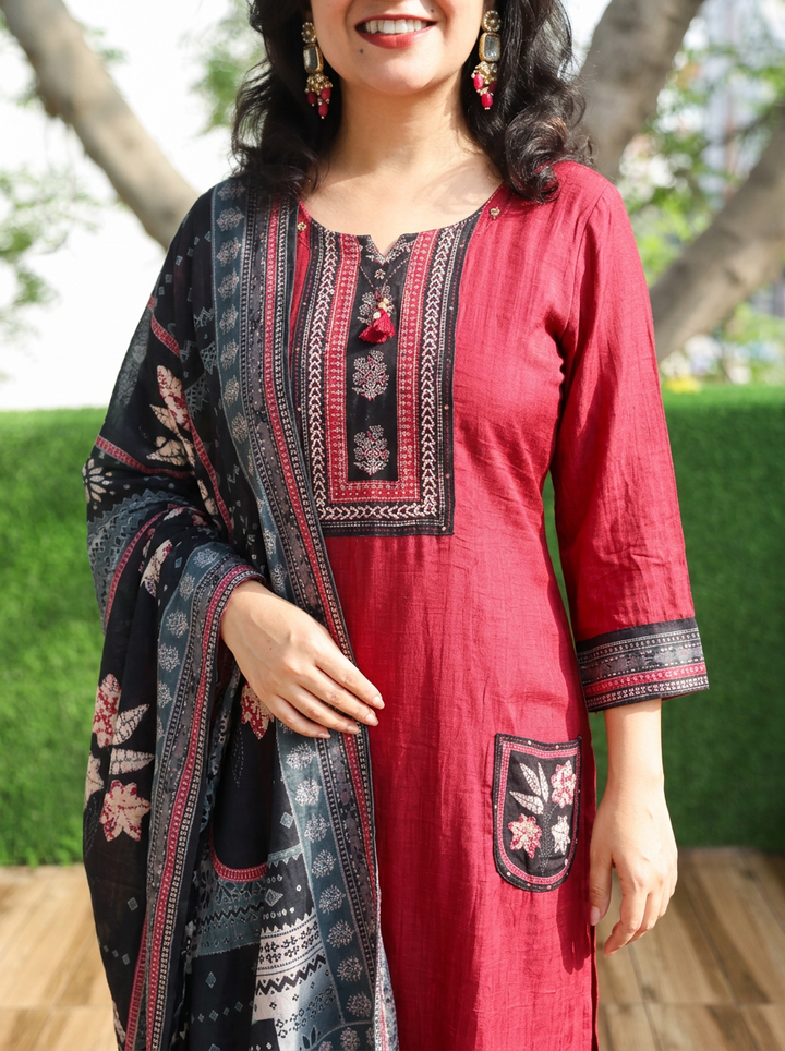 Shreya Berry Red Kardana Work Russian Silk 3 Piece Set