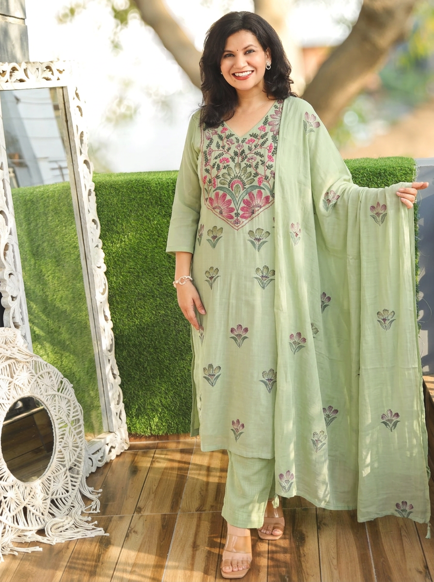 Priyadarshani Fern Green Kolkata Hand Embroidered Set