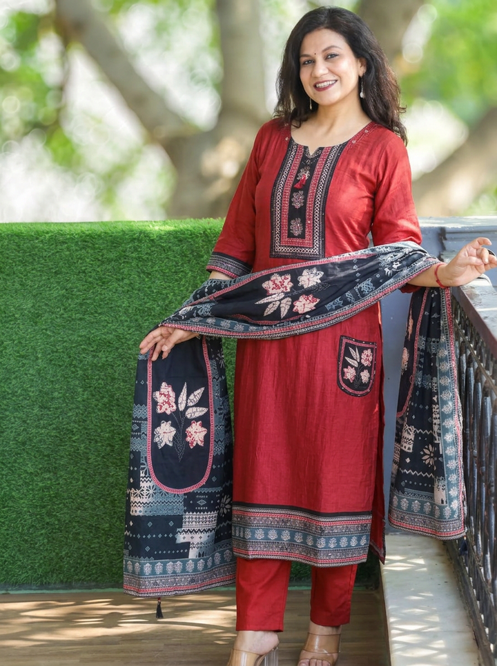 Shreya Berry Red Kardana Work Russian Silk 3 Piece Set