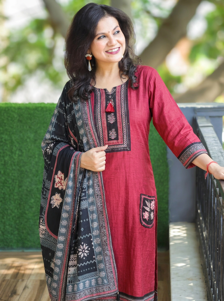 Shreya Berry Red Kardana Work Russian Silk 3 Piece Set