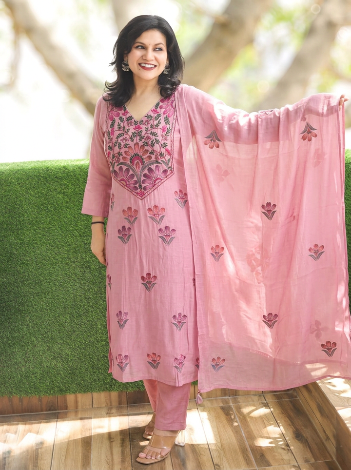 Priyadarshani Blush Mauve Kolkata Hand Embroidered Set