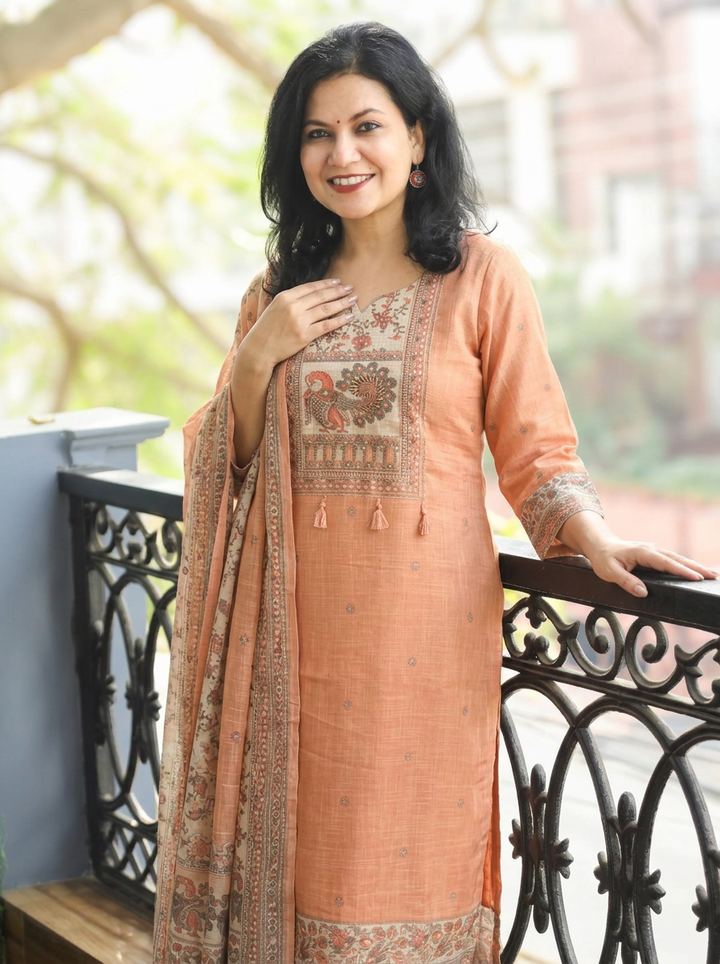 Meghrani Peach Shimmer Tissue Linen 3 Piece Set