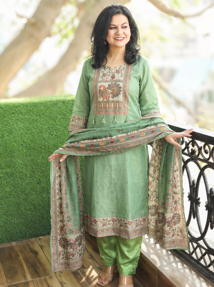 Meghrani Fern Green Shimmer Tissue Linen 3 Piece Set