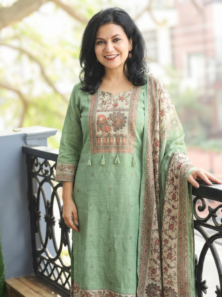 Meghrani Fern Green Shimmer Tissue Linen 3 Piece Set