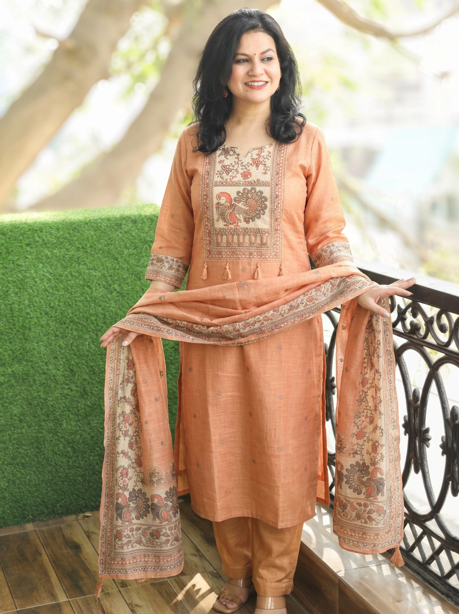 Meghrani Peach Shimmer Tissue Linen 3 Piece Set