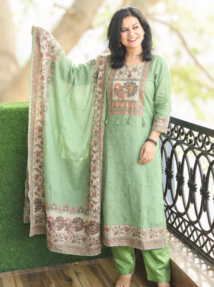 Meghrani Fern Green Shimmer Tissue Linen 3 Piece Set