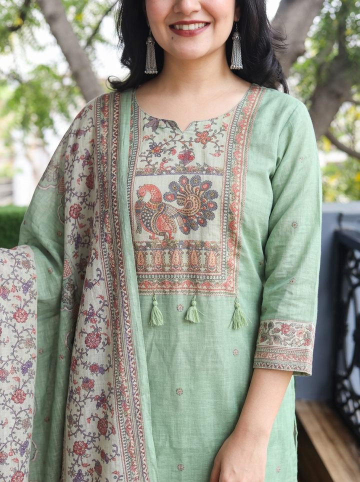 Meghrani Fern Green Shimmer Tissue Linen 3 Piece Set