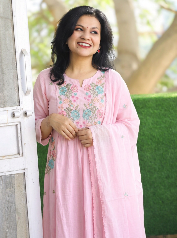 Gauri Petal Pink Embroidered Panel 3 Piece Set