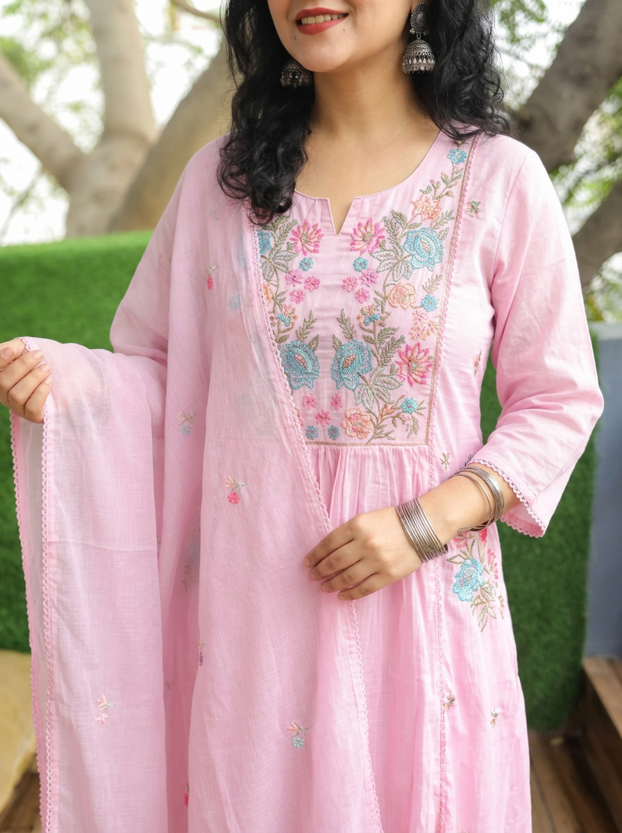 Gauri Petal Pink Embroidered Panel 3 Piece Set