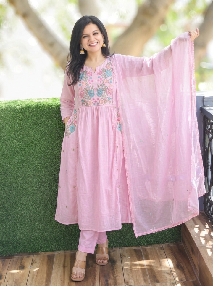 Gauri Petal Pink Embroidered Panel 3 Piece Set