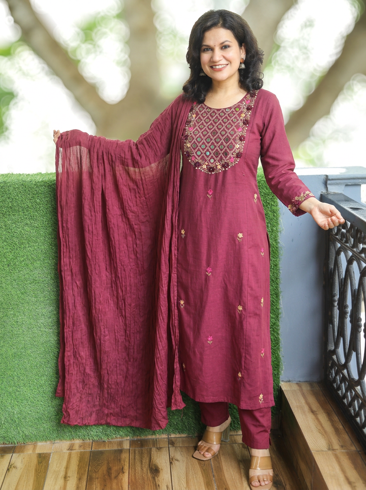 Kaveri Mahogany Wine Mirror Work Yoke Cotton 3 Piece Set