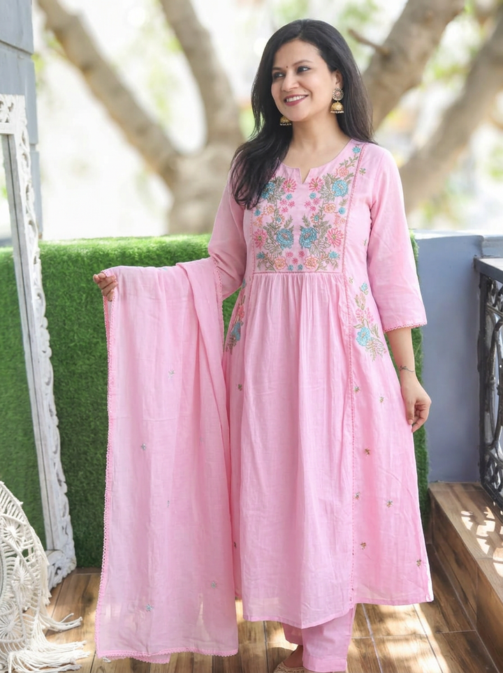 Gauri Petal Pink Embroidered Panel 3 Piece Set