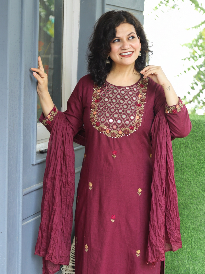 Kaveri Mahogany Wine Mirror Work Yoke Cotton 3 Piece Set