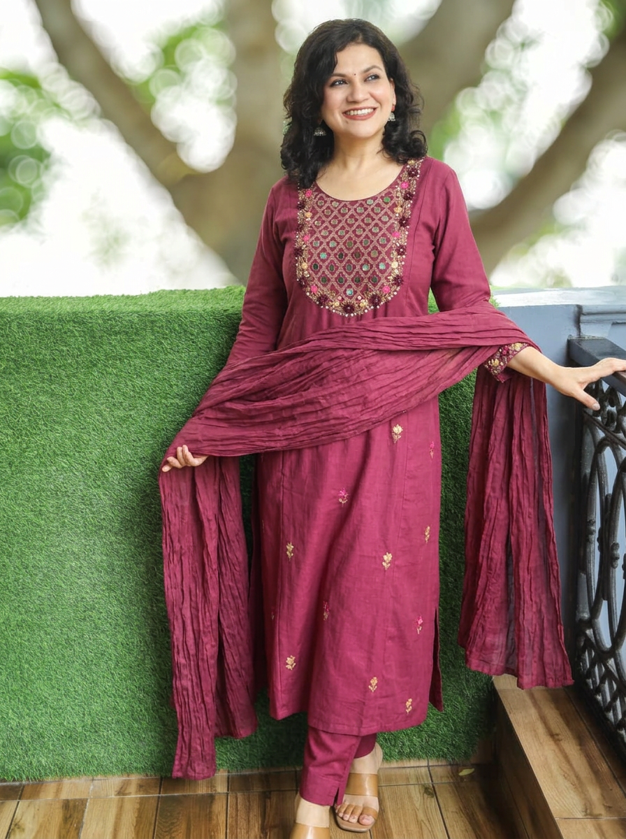 Kaveri Mahogany Wine Mirror Work Yoke Cotton 3 Piece Set
