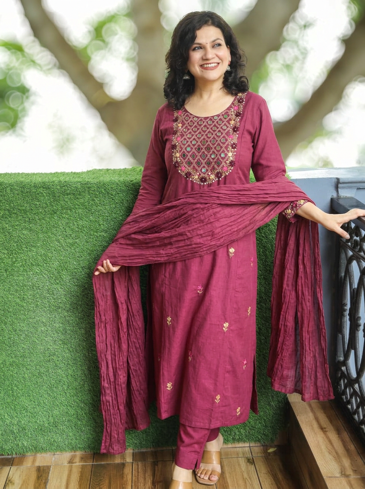 Kaveri Mahogany Wine Mirror Work Yoke Cotton 3 Piece Set