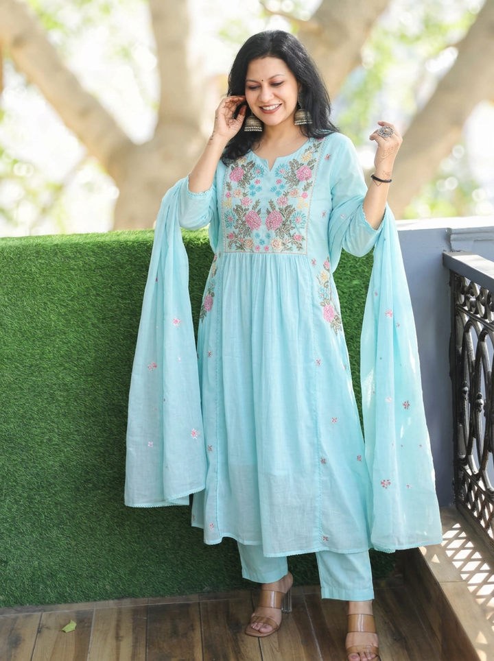 Gauri Sky Blue Embroidered Panel 3 Piece Set