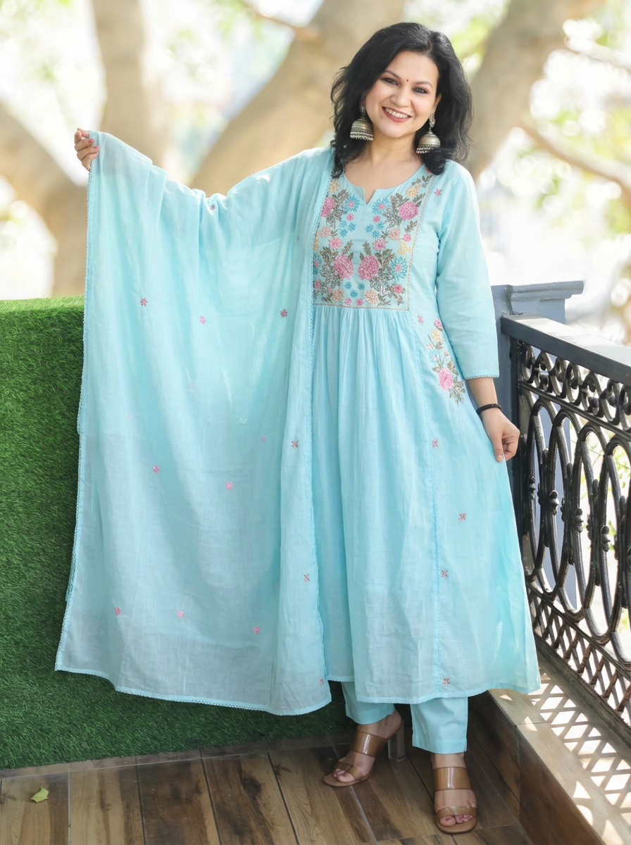 Gauri Sky Blue Embroidered Panel 3 Piece Set