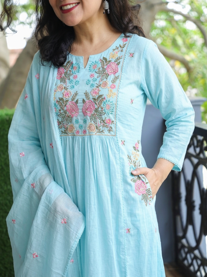 Gauri Sky Blue Embroidered Panel 3 Piece Set