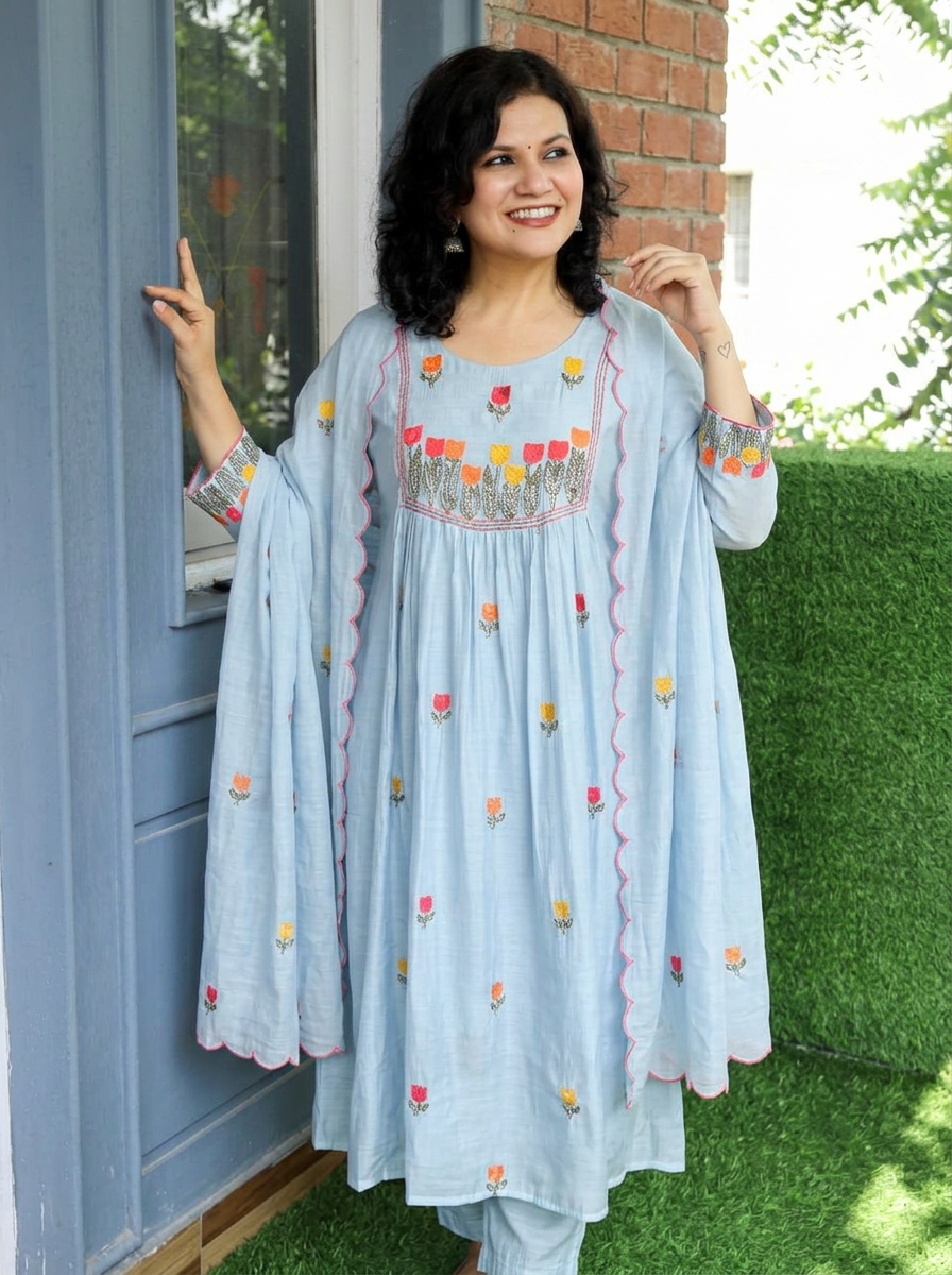 Malika Firozi Blue Embroidered Mul Chanderi Set
