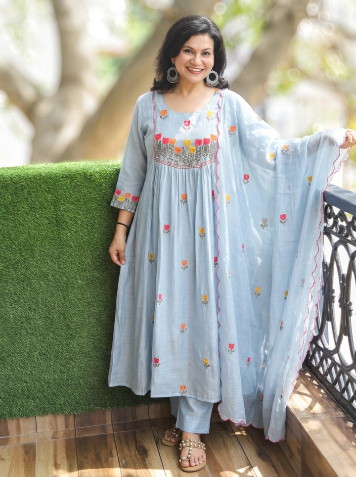 Malika Firozi Blue Embroidered Mul Chanderi Set