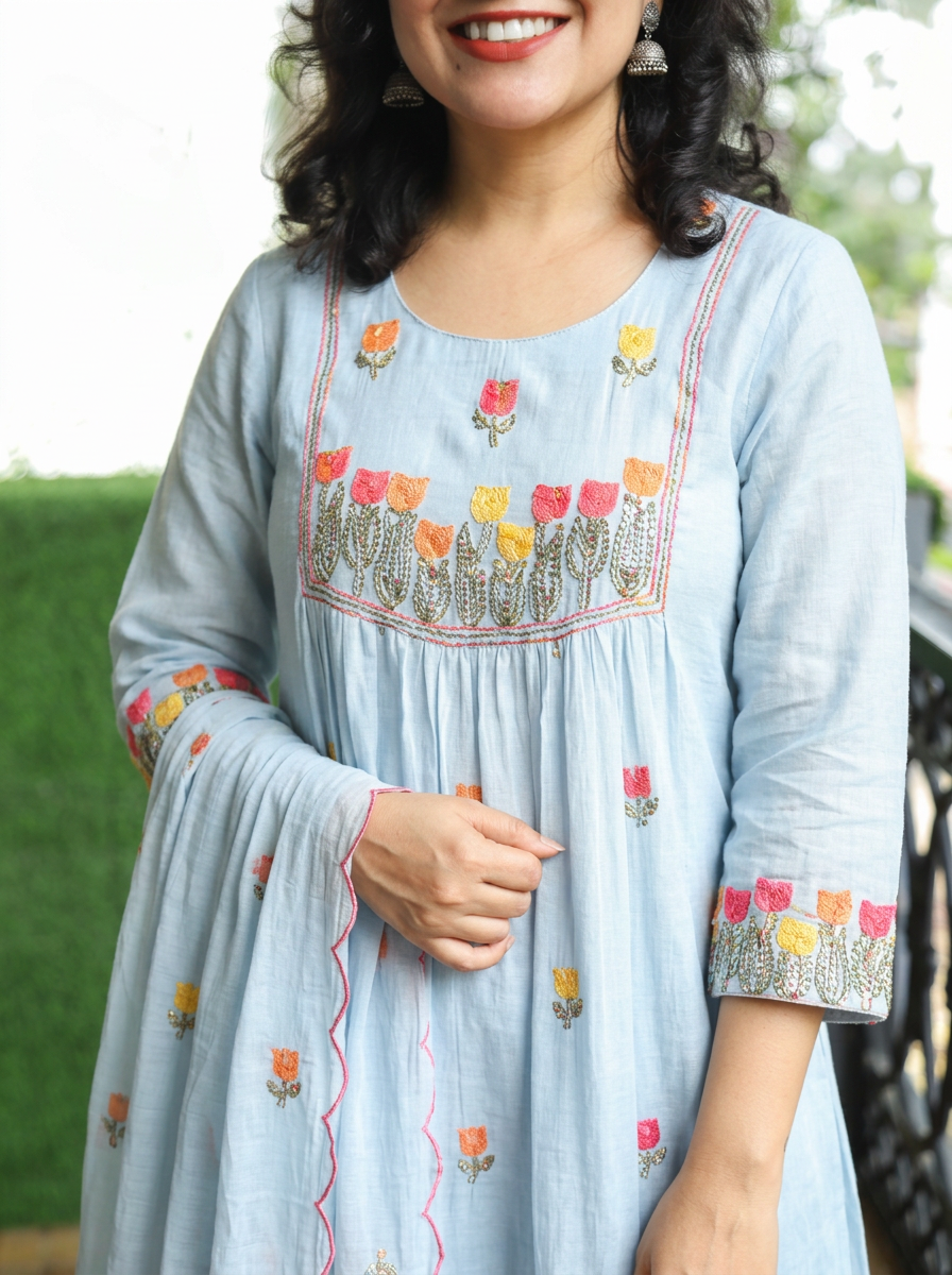 Malika Firozi Blue Embroidered Mul Chanderi Set