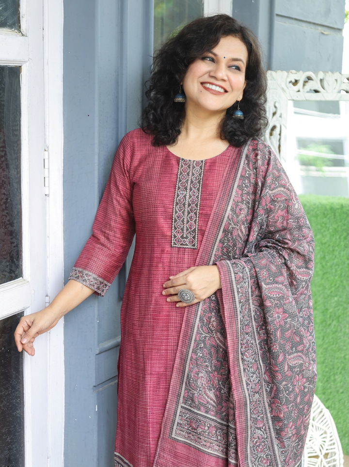 Sushma Blush Pink Mirror Work Patch Raw Silk 3 Piece Set