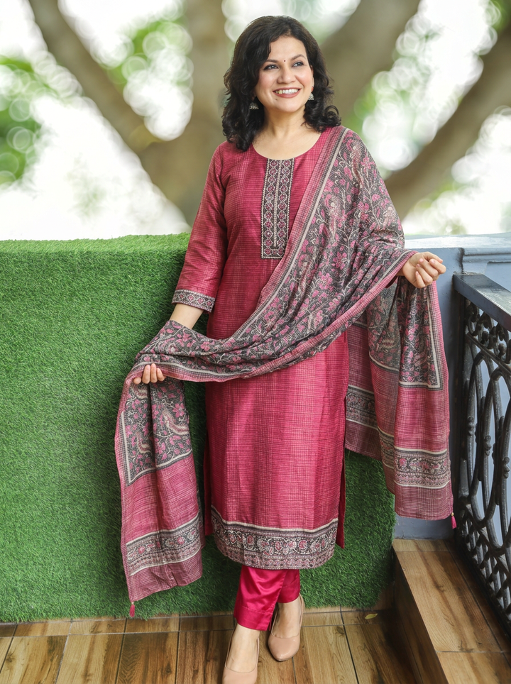 Sushma Blush Pink Mirror Work Patch Raw Silk 3 Piece Set