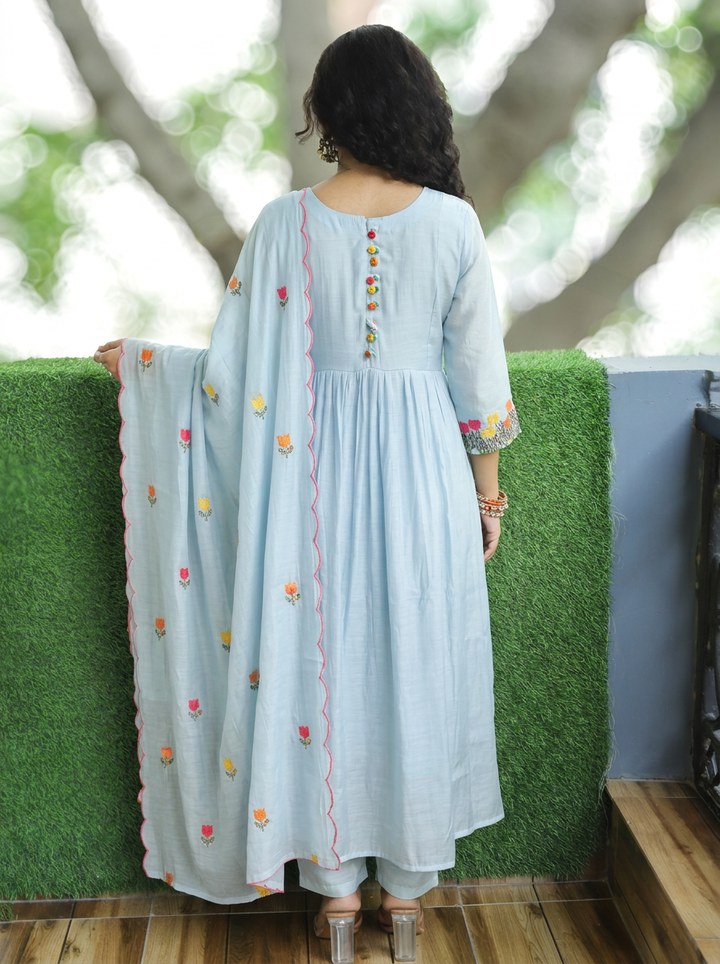 Malika Firozi Blue Embroidered Mul Chanderi Set