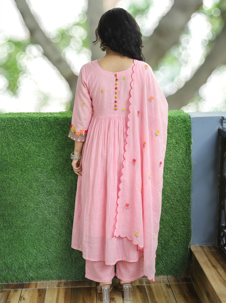 Malika Petal Pink Embroidered Mul Chanderi Set