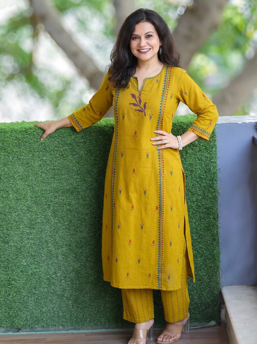 Aasumi Yellow Pigment Print South Cotton Woven 2 Piece Set