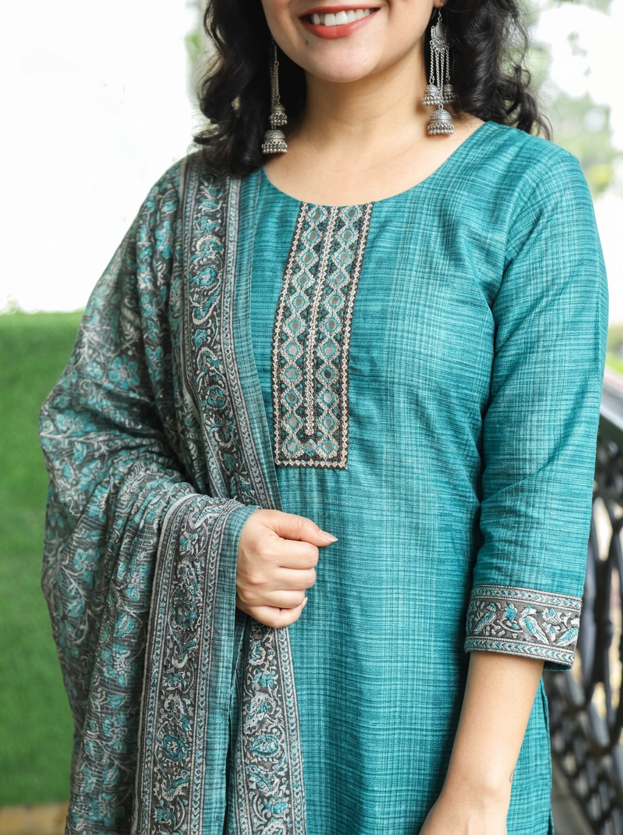 Sushma Aqua Turq Mirror Work Patch Raw Silk 3 Piece Set