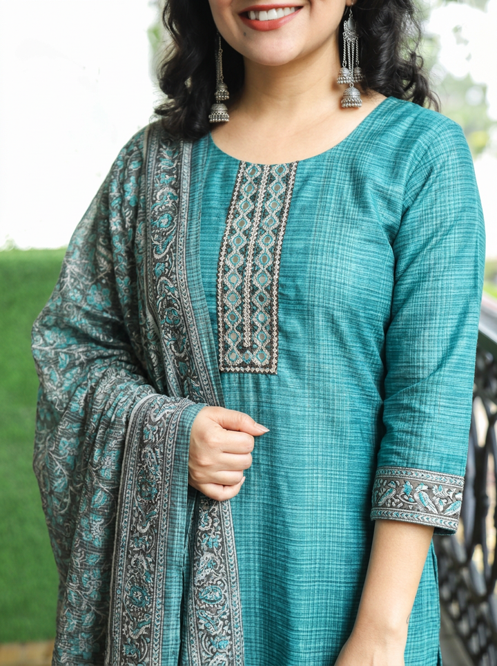 Sushma Aqua Turq Mirror Work Patch Raw Silk 3 Piece Set