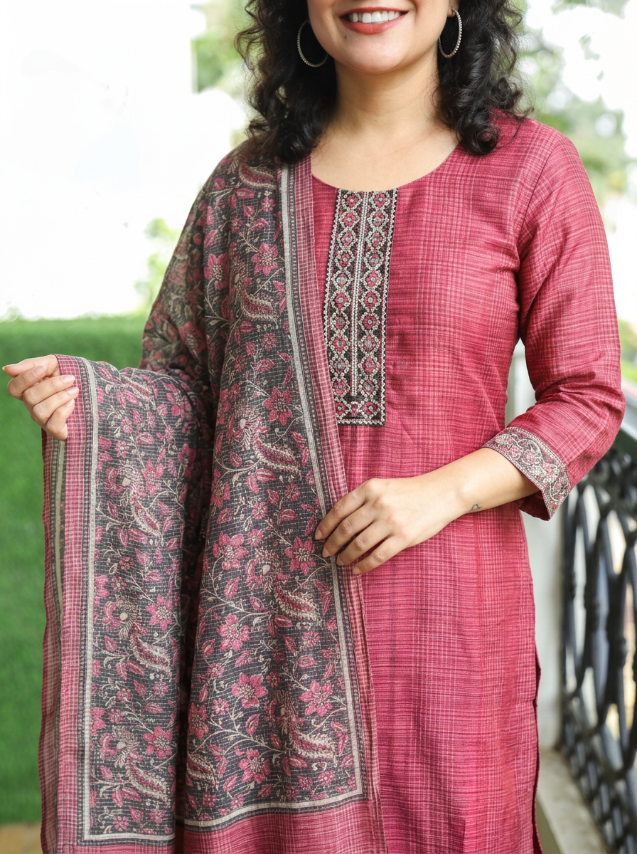 Sushma Blush Pink Mirror Work Patch Raw Silk 3 Piece Set