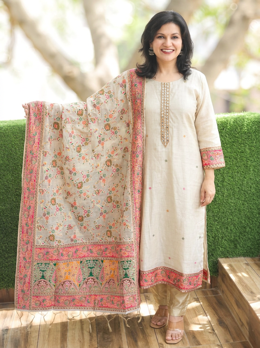 Geet Sand Beige Embellished Jamdani Chanderi Silk 3 Piece Set