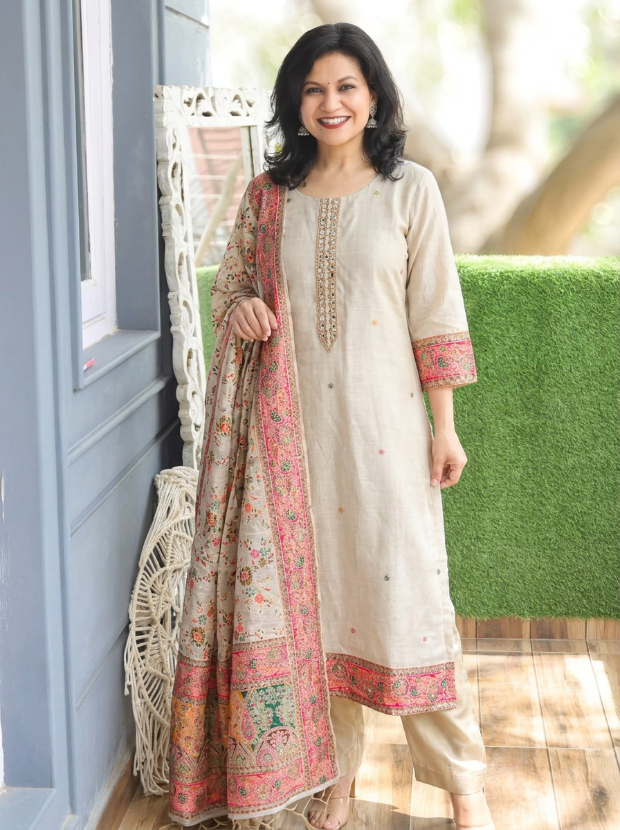 Geet Sand Beige Embellished Jamdani Chanderi Silk 3 Piece Set