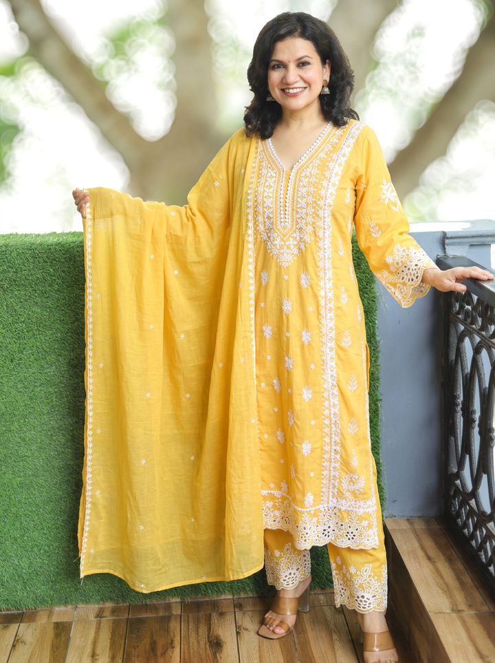 Sanjeevi Pumpkin Peach Panel Embroidered Mul Cotton Set