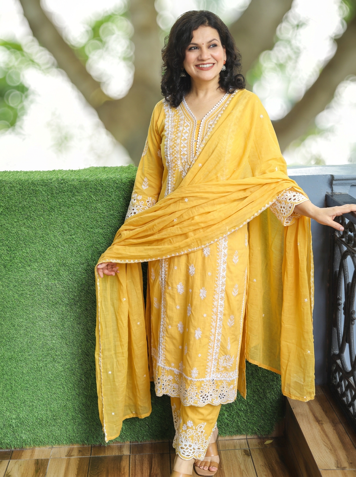 Sanjeevi Pumpkin Peach Panel Embroidered Mul Cotton Set